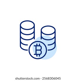 Stack of coins and bitcoin symbol. Cryptocurrency investment and finance growth, blockchain security. Pixel perfect, editable stroke icon
