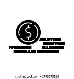 Stapel von Münzen schwarze Glyphe Symbol. Glück und Reichtum. Lohnwachstum. Finanzieller Erfolg. Pile von Gold. Pennys und Cent. Geldgewinn. Silhouette-Symbol auf weißem Raum. Vektorgrafik einzeln