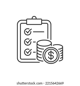 Stapel von Münzen und Zwischenablage. Geld-Checkliste, Budget, Finanzbericht Symbol Konzept einzeln auf weißem Hintergrund. Vektorgrafik