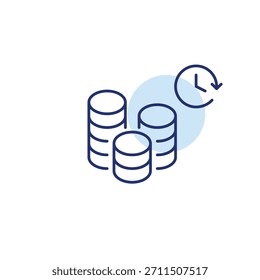 Pila de monedas y reloj. Crecimiento de intereses, inversiones o ahorros. Icono de Vector de trazo perfecto y editable