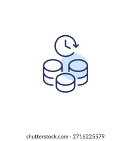 Pila de monedas y reloj. Inversiones programadas. Icono de Vector de trazo perfecto y editable