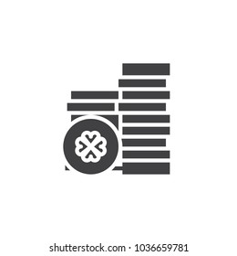 Stack of coins with clover vector icon. filled flat sign for mobile concept and web design. Saint Patrick's Day money simple solid icon. Symbol, logo illustration.