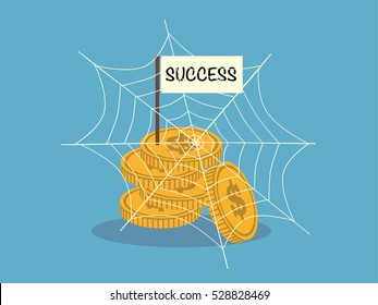 Stack of coins in cobweb . Business concept cartoon illustration.vector illustration.