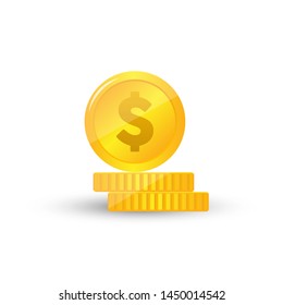 Stack of coins with coin in front of it. Vector illustration.