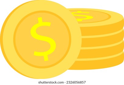 Pila de monedas con moneda delante. Pila de monedas de oro, ilustración vectorial.