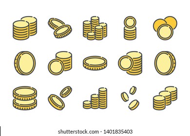 Stack of coins color line icon set. Coin, Savings and Earnings outline vector icons.