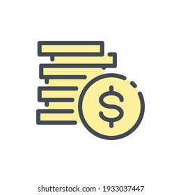 Icono de la línea de color de la pila de monedas. Pila de monedas con un vector de dólar contorno signo colorido.