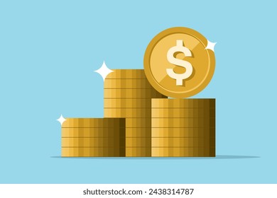 concepto de pila de monedas, pila de monedas de dinero icono plano, pila de centavos de oro en efectivo, pila de tesoro aislado sobre fondo de color. ilustración vectorial plana.