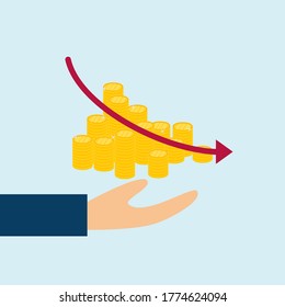 Stack of coins and decreasing graph, money loss