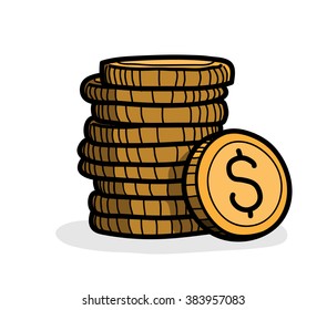 Stack of Coins (Dollar), a hand drawn vector illustration of a stack of gold coins with Dollar currency sign on it.