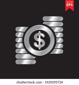Stack Of Coins And Dollar icon in trendy silver style isolated on black background. Business and Offices symbol for your web site design, logo, app, UI. Eps10 vector illustration.