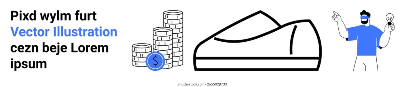 Pila de monedas con un signo de dólar, una zapatilla deportiva casual y una persona con bombillas. Ideal para negocios, ahorro, éxito, creatividad, innovación, emprendimiento y temas de calzado. Página de destino