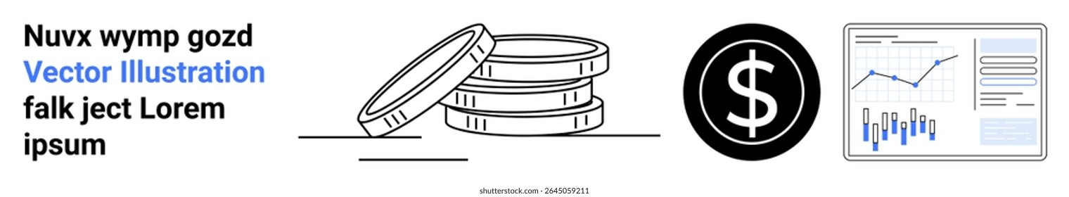 Stack of coins, dollar symbol, and chart with financial data. Ideal for business, finance, investment, savings, economic growth, data visualization, and web design. Landing page