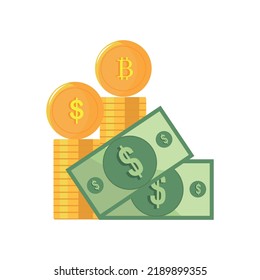 A stack of coins are dollars, bitcoins and paper money.