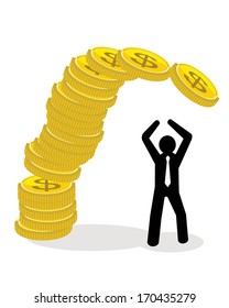 stack of coins falls on businessman
