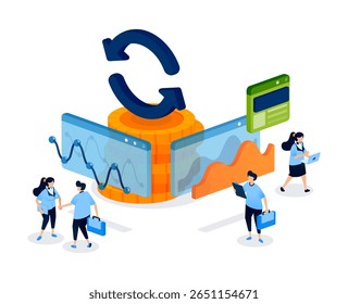pilha de moedas e um fluxograma financeiro visualizado em software financeiro para representar economias, circulação e ferramentas sistemáticas de análise econômica. Pode ser usado para banner, aplicativo móvel, site, cartão