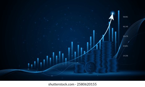 Stack of coins and financial growth graph of business or profitable investment idea. The arrow increases the future growth of the company.
