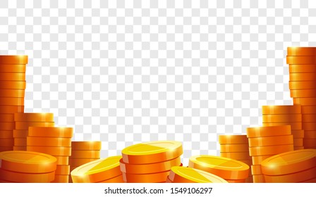 Stack of coins. Gold coins. Lots money. Casino coin cash or bank currency investment heap. Place for text. Template. Isolated vector illustration 