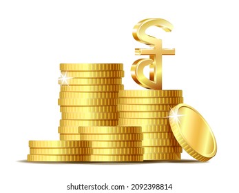 Stack of coins with Gold shiny Cambodian riel currency symbol. Vector illustration isolated on white background.