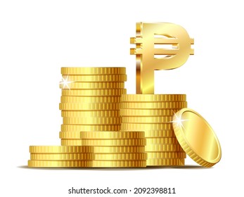 Stack of coins with Gold shiny Philippine peso currency symbol. Vector illustration isolated on white background.