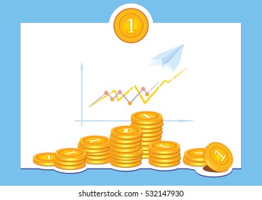 Stack of coins with graph. Presentation template. Vector illustration.