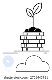 Pilha de moedas com uma planta em crescimento no topo, ícone de nuvem abaixo e lâmpada indicando inovação. Ideal para o desenvolvimento de negócios, crescimento financeiro, estratégias de investimento, sustentabilidade, inovação