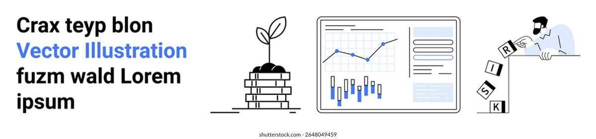 Pilha de moedas com planta crescente, gráfico estatístico com gráficos, pessoa analisando dados, letras blocos. Ideal para crescimento financeiro, análise de dados, investimento, desenvolvimento de negócios, aprendizado