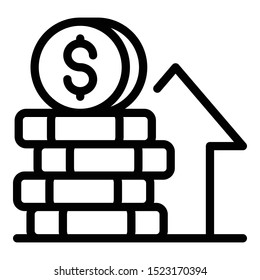 Stack of coins growth icon. Outline stack of coins growth vector icon for web design isolated on white background