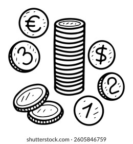 Stack of coins. Hand drawn doodle. Heap of money. Dollar and euro. Payment methods. Bank services. Round, made of metal. Vector line art illustration.