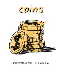Pila de monedas ilustraciones hechas a mano. Clip vectorial de caricatura, parte de una pila de monedas con un signo de dólar. Esbozo en blanco y negro de las monedas de oro amarillas en dólares
