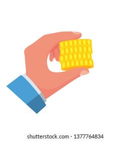 Stack coins holding in hand. Golden money. Dollars in the palm of a man. Giving cash showing, pay. Vector illustration isometric flat design.Isolated on background. Financial operations. 