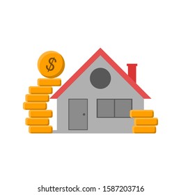 Stack of coins with house illustration. Concept of house loan. Flat and isolated. 