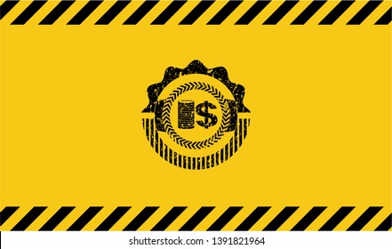 stack of coins icon black grunge emblem inside yellow warning sign. Vector Illustration. Detailed.