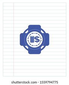 stack of coins icon drawn with pen strokes. Blue ink. Vector Illustration. Detailed.