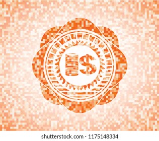 stack of coins icon inside abstract orange mosaic emblem with background