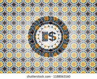 stack of coins icon inside arabesque style badge. arabic decoration.