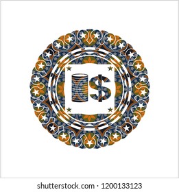 stack of coins icon inside arabesque style emblem. arabic decoration.
