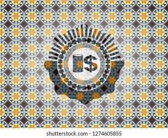 stack of coins icon inside arabesque emblem. arabic decoration.