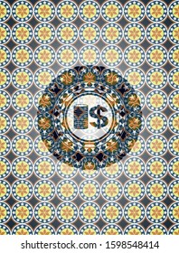 stack of coins icon inside arabesque badge background. arabic decoration.