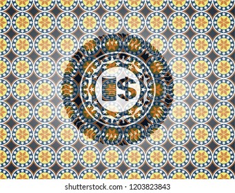 stack of coins icon inside arabic badge. Arabesque decoration.