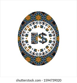 stack of coins icon inside arabic badge. Arabesque decoration.
