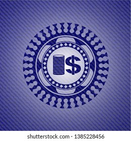 stack of coins icon inside badge with jean texture