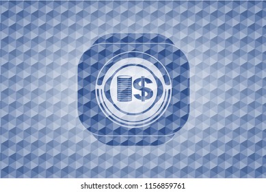stack of coins icon inside blue emblem with geometric pattern background.