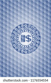 stack of coins icon inside blue badge with geometric background.