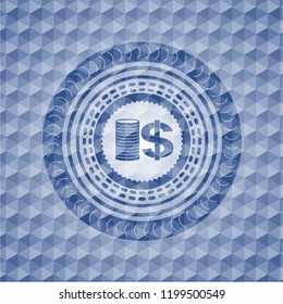 stack of coins icon inside blue hexagon emblem.