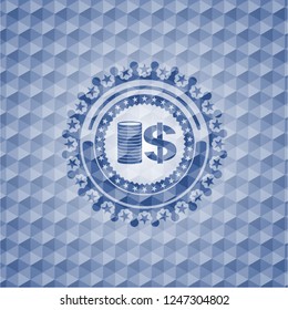 stack of coins icon inside blue polygonal emblem.