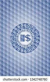 stack of coins icon inside blue emblem or badge with geometric pattern background.