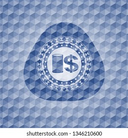 stack of coins icon inside blue emblem with geometric pattern background.