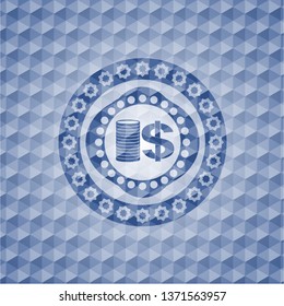 stack of coins icon inside blue badge with geometric background.