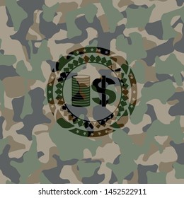 stack of coins icon inside camo emblem